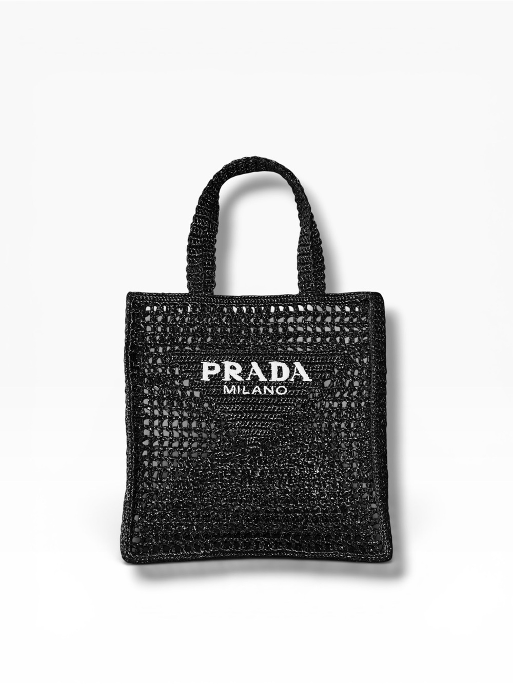 Prada Black Crochet Raffia Tote Bag Milano Logo Beach Shopper Italy